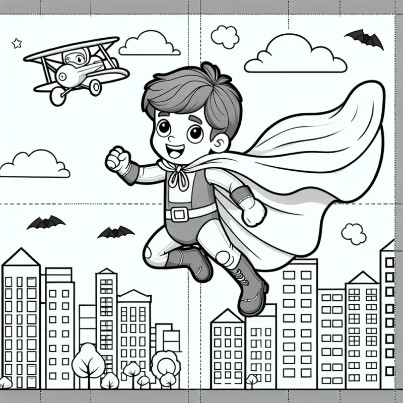 Un petit garçon courageux qui est devenu un héros avec une cape rouge et des bottes de super-héros, flottant au-dessus de la ville pour sauver le jour.