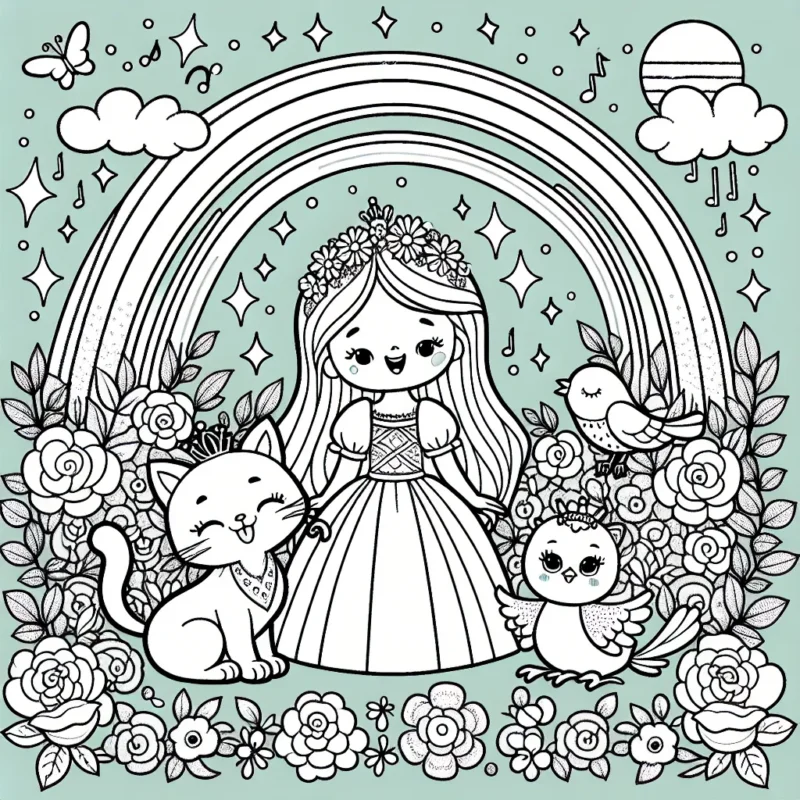 Dessine une princesse en compagnie de ses deux meilleurs amis : un chaton courageux et un gentil oiseau chanteur, tous trois dans son beau jardin enchanteur plein de roses scintillantes et d'arc-en-ciel.