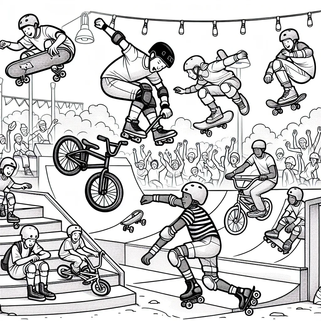 Dessine un skatepark rempli d'aventuriers sportifs, avec un skateur exécutant une figure trick en hauteur, un cycliste faisant du vélo BMX et un roller en plein saut acrobatique. N'oublie pas d'ajouter du dynamisme à la scène avec beaucoup de détails comme des graffitis sur le mur, des supporters encouragent les sportifs et des équipements de sécurité tels que casques et genouillères.