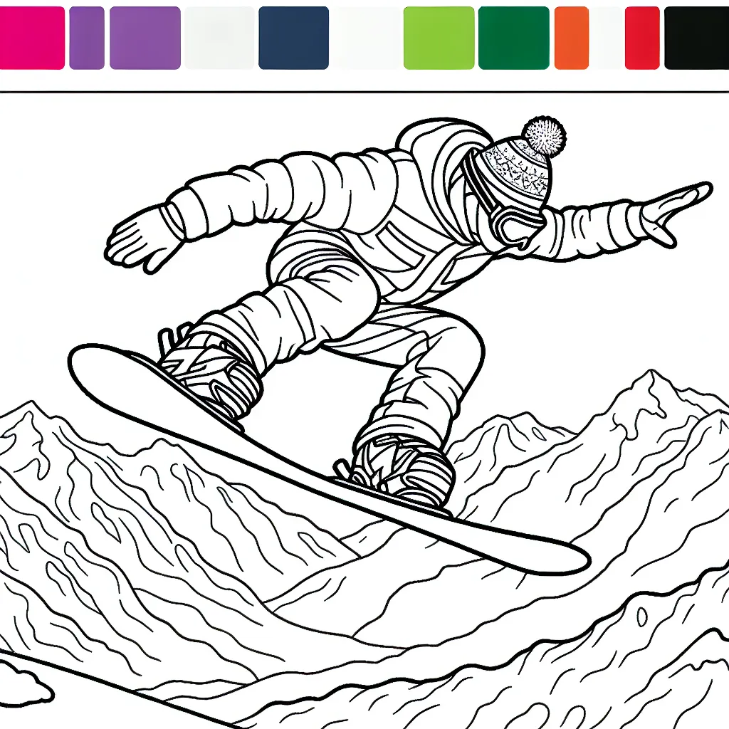 Dessine un jeune snowboarder en train de faire un saut impressionnant au dessus d'une montagne enneigée.