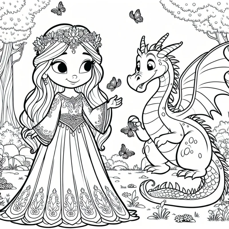 Peinture de la princesse Fleurina avec son fidèle ami le dragon Fuméo dans leur jardin enchanté
