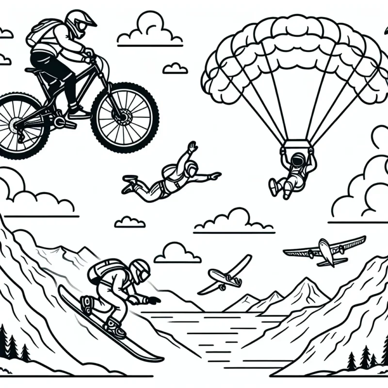 Imagine un scénario de sports extrêmes où un athlète dévalle une montagne sur son vélo de montagne tout-terrain, pendant qu'un autre fait du parachutisme dans le ciel, un troisième surfe sur une vague géante et un quatrième fait du snowboard sur un glacier.