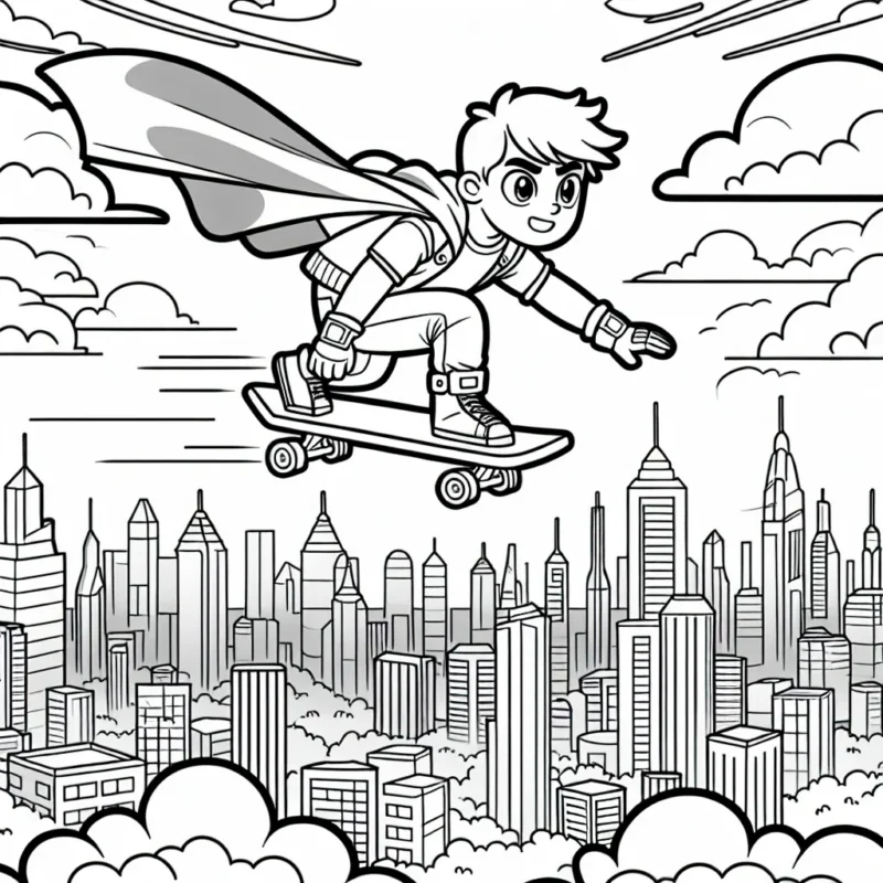 Un garçon courageux survolant une ville futuriste sur son skateboard volant