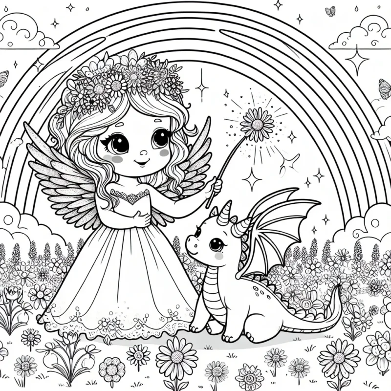 Imagina un univers féerique en coloriant une princesse ailée jouant avec son petit dragon de compagnie dans un champ fleuri sous un arc-en-ciel