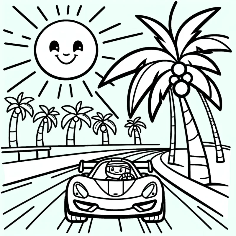 Dessinez une voiture de course follement rapide rasant l'allée des palmiers, avec un soleil souriant dans le ciel tapissant le paysage de teintes dorées.