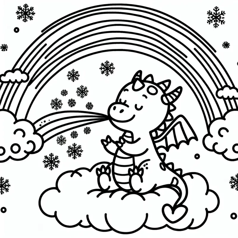 Un gentil dragon assis sur un nuage, faisant danser des flocons de neige tout autour de lui avec son souffle chaud, tandis qu'un arc-en-ciel traverse le ciel au dessus de lui.