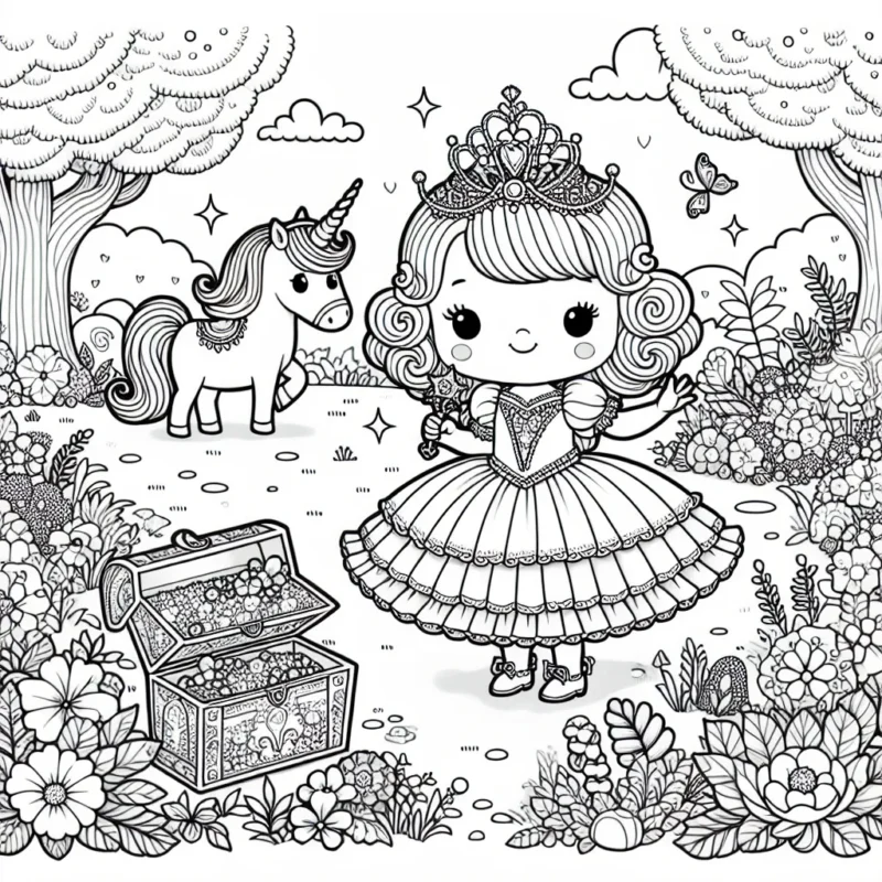 Dans ce dessin, il y a une petite fille royale vêtue d'une belle robe à froufrous. Elle se tient dans son jardin féerique rempli de fleurs éclatantes et d'arbres luxuriants avec une licorne magique. Elle tient une baguette étincelante dans sa main et à ses pieds, il y a un coffre aux trésors débordant de joyaux.