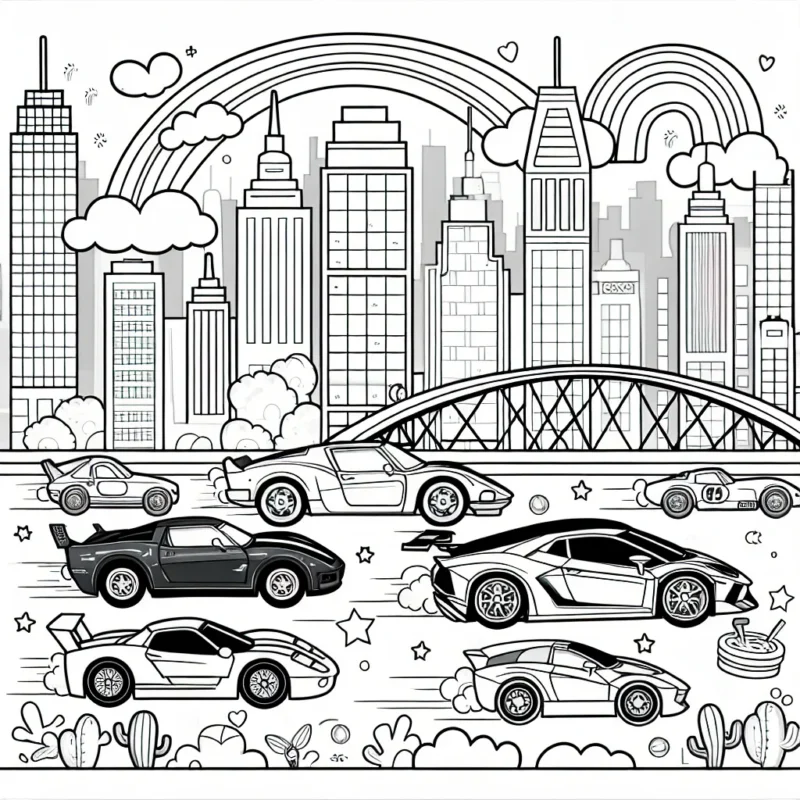 Dessine une scène animée avec plusieurs types de voitures dans une course animée à travers une ville animée remplie de gratte-ciel. Il devrait y avoir des voitures de sport, des voitures classiques et même des voitures futuristes. N'oublie pas de dessiner des arcs-en-ciel et des personnages de dessins animés qui encouragent les voitures.