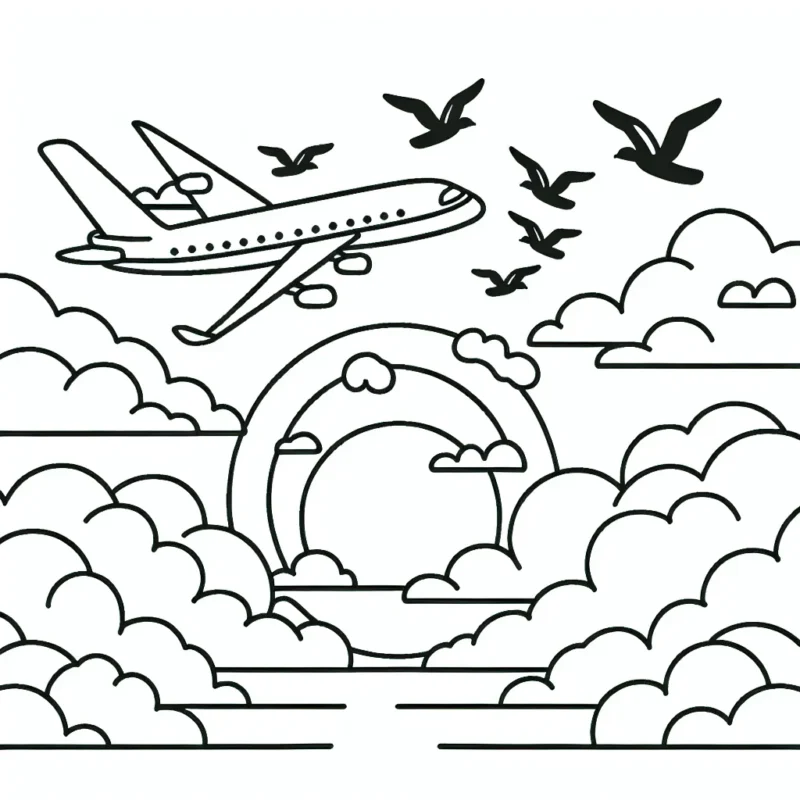 Un avion en plein vol au-dessus des nuages, accompagne des oiseaux migrateurs, avec en fond un coucher de soleil rougissant à l'horizon.