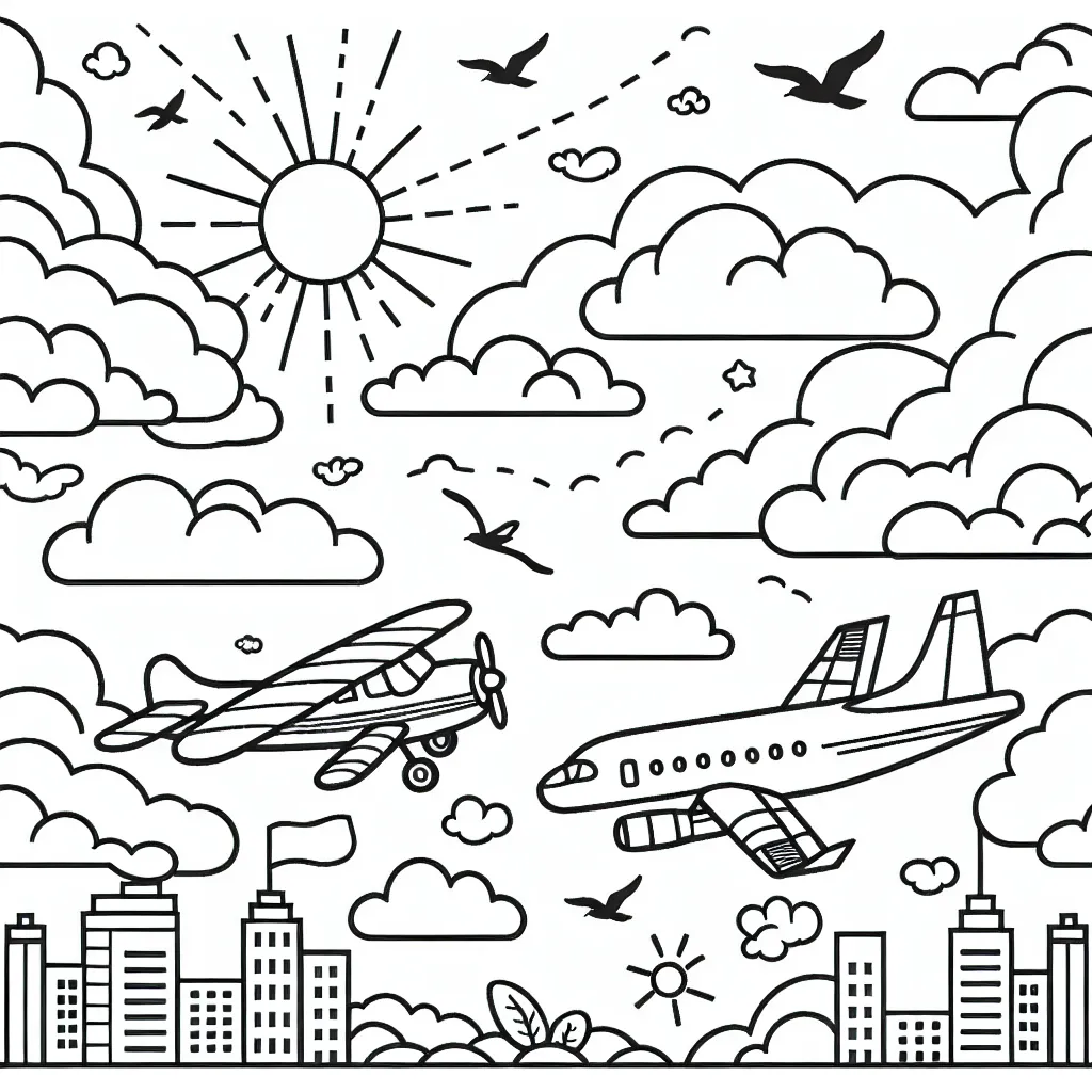 Dans ce coloriage, tu peux voir deux avions volant haut dans le ciel parmi les nuages. Il y a un petit avion à hélice et un grand avion à réaction. Il y a aussi du soleil dans le coin supérieur, des oiseaux volant et une ville en bas. Amuse-toi à décorer l'image avec tes couleurs préférées!