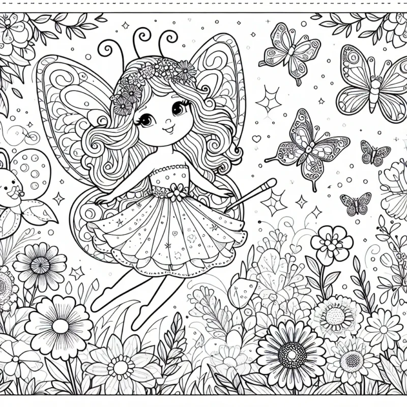 Dessine une magnifique fée papillon dans un jardin enchanté plein de fleurs aux couleurs éclatantes et d'animaux joyeux