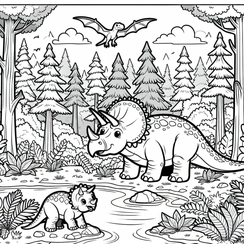 Imagine un grand dinosaure Tricératops dans une forêt dense et luxuriante. Ce dinosaure est entouré de plusieurs plantes préhistoriques, et à côté de lui, un petit dinosaure Tricératops est en train de jouer. Tous les deux sont placés sur le rivage d'un lac tranquille, et dans le ciel, un Ptérodactyle majestueux est en train de voler.