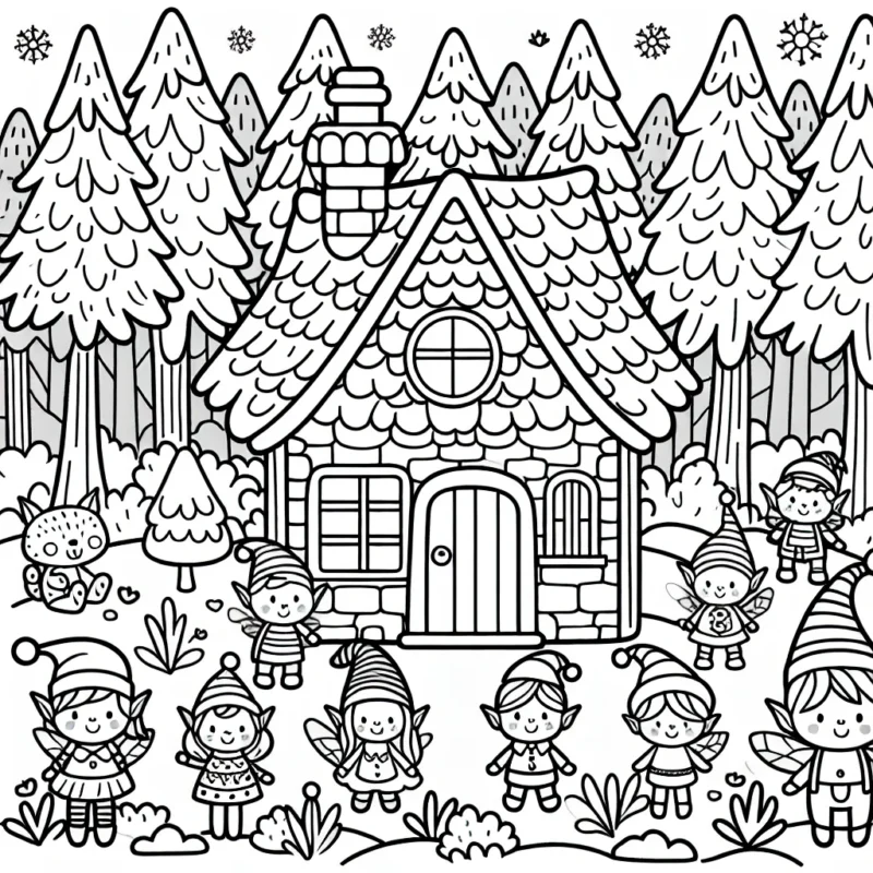 Dessine une maison enchantée dans la forêt avec des elfes et des animaux joyeux autour