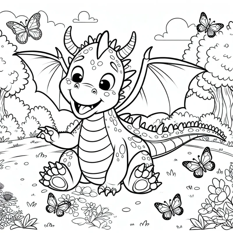 Un dragon gentil jouant avec des papillons dans une clairière enchanteresse