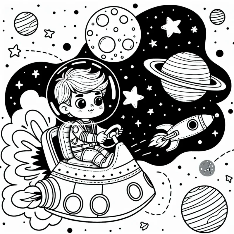 Un petit garçon intrépide aux commandes d'un vaisseau spatial explorant les confins de l'univers, entouré de planètes, d'étoiles et de comètes.