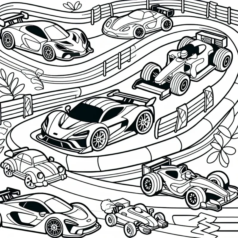 Une piste de course animée avec différentes voitures de course colorées.