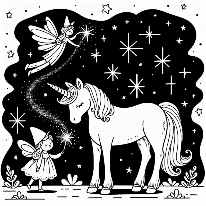 Imagine un monde féerique rempli de licornes, de fées et d'étoiles brillantes. Dessine une petite fée éparpillant de la poussière magique sur une belle licorne avec des étoiles dans le ciel nocturne.