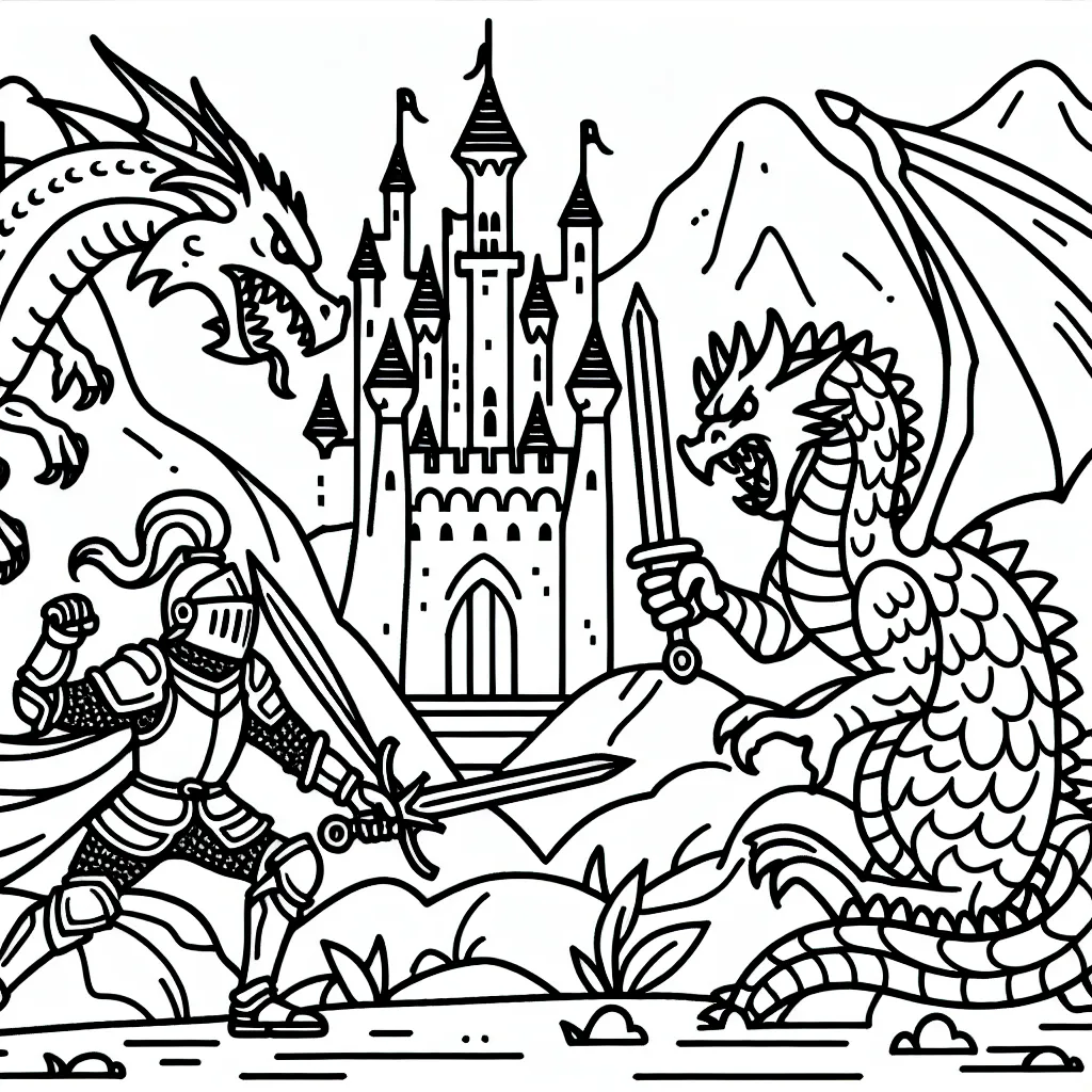 Dessine un chevalier courageux combattant un dragon féroce devant un château majestueux.