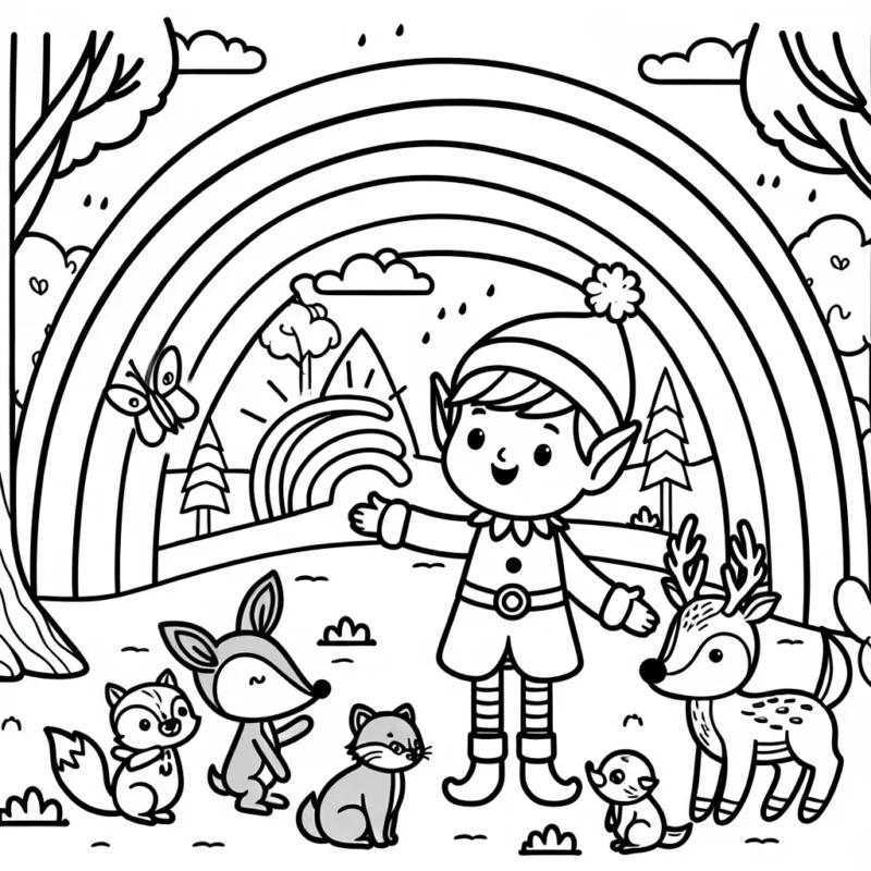 Un lutin facétieux joue avec ses amis les animaux de la forêt, sous un arc-en-ciel éclatant.