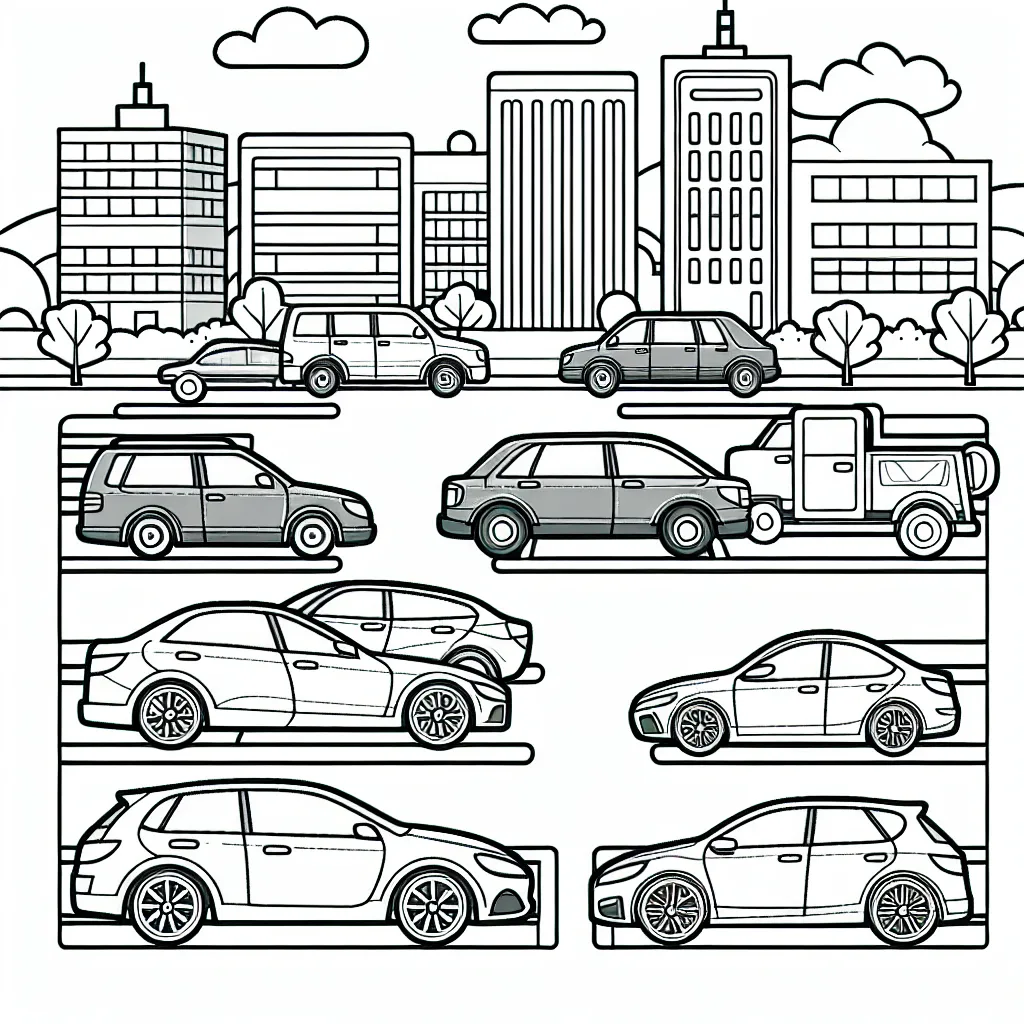 Des voitures de différentes marques sont garées dans un grand parking lumineux. On y voit des modèles de Porsche, BMW, Audi, Mercedes, Citroën, Peugeot, Renault etc.