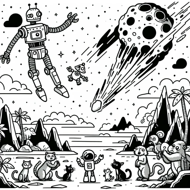 Une scène épique sur une planète lointaine où un robot amical tente de sauver des animaux espiègles d'une comète entrante