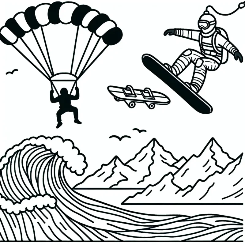 Dessine un parachutiste en plein saut, un surfeur sur une grande vague et un snowboardeur dévalant une pente montagneuse.