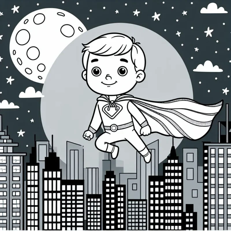 Un petit garçon en costume de superhéros volant au-dessus de la ville la nuit, avec une grande lune derrière lui