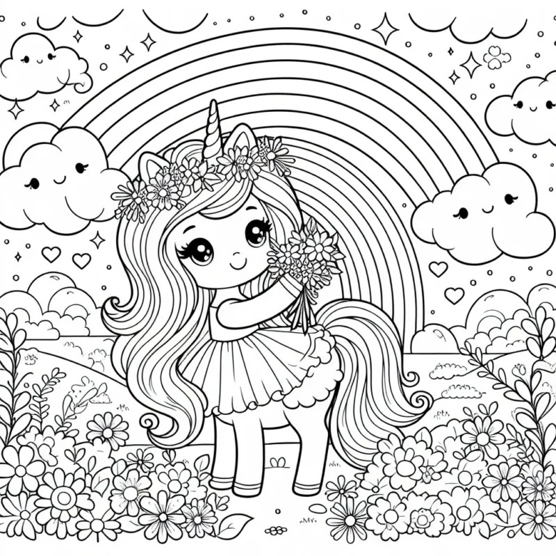 Dans ce dessin à colorier, vous allez découvrir une magnifique princesse licorne tenant un arc-en-ciel brillant dans un paysage de rêve rempli de fleurs et de nuages