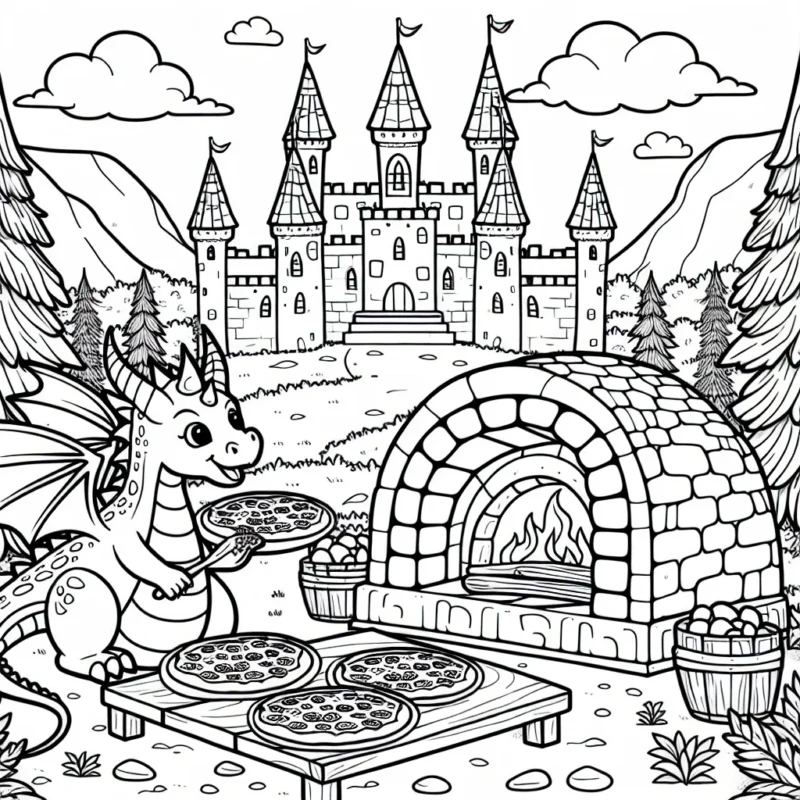 Un gentil dragon qui fait cuire des pizzas dans un four à bois, dans la cour de son château médiéval entouré de forêt enchantée