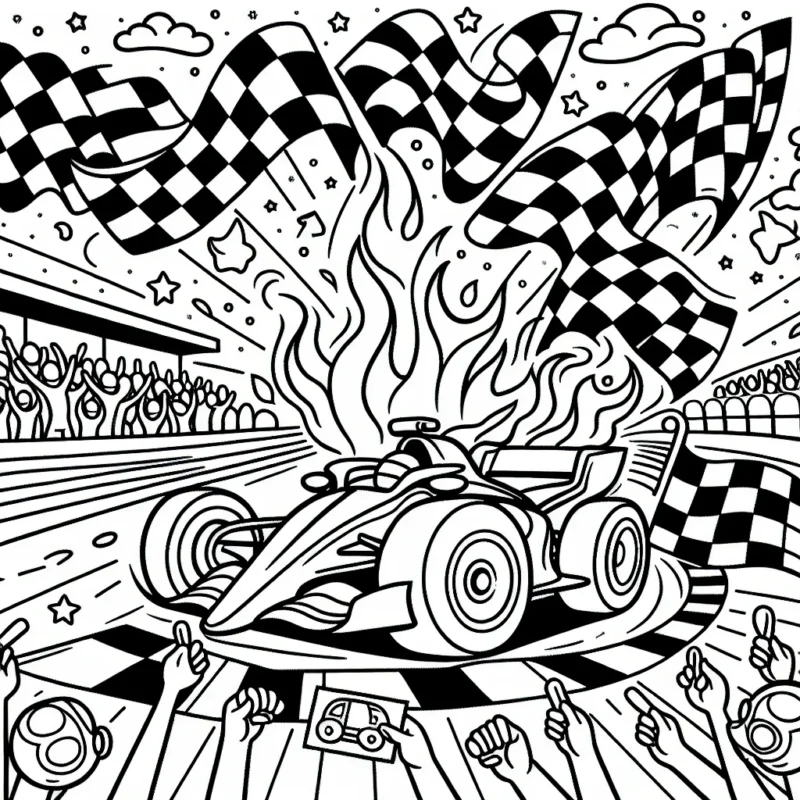 Concevez un dessin détaillé de voitures de course flamboyantes sur un circuit animé, avec des fans en délire sur les gradins et des drapeaux à damier flottant au vent.