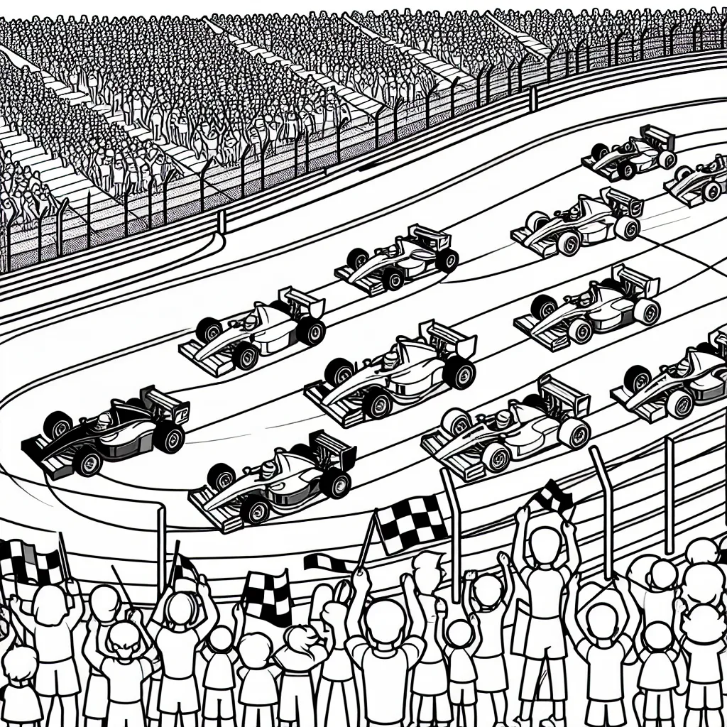 Un grand circuit de voitures de course avec des voitures tuning colorées, des pilotes, et des spectateurs