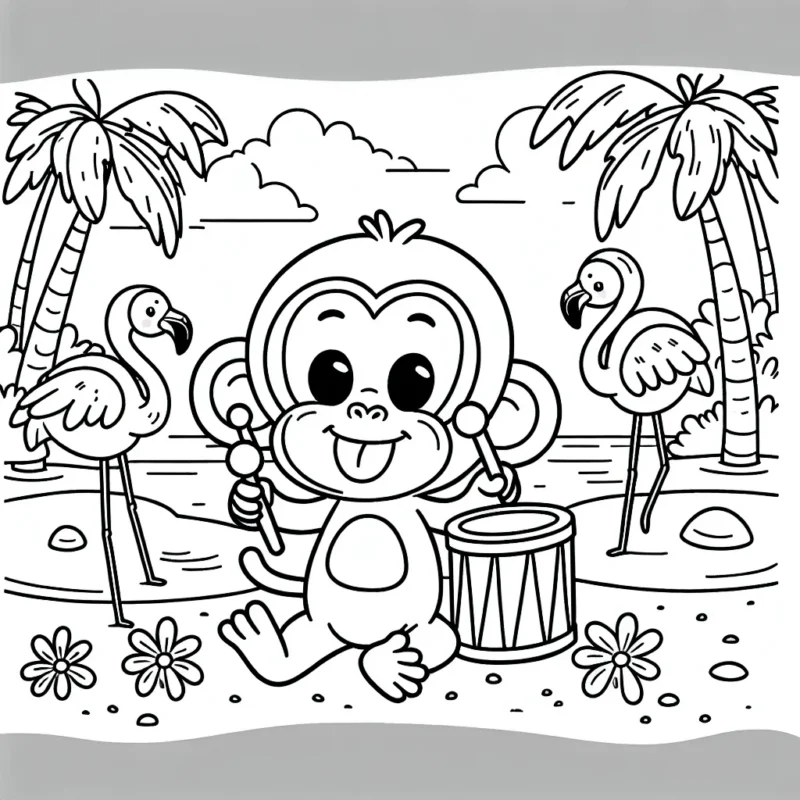 Un singe joueur de tambour sur une plage des tropiques avec des flamants roses