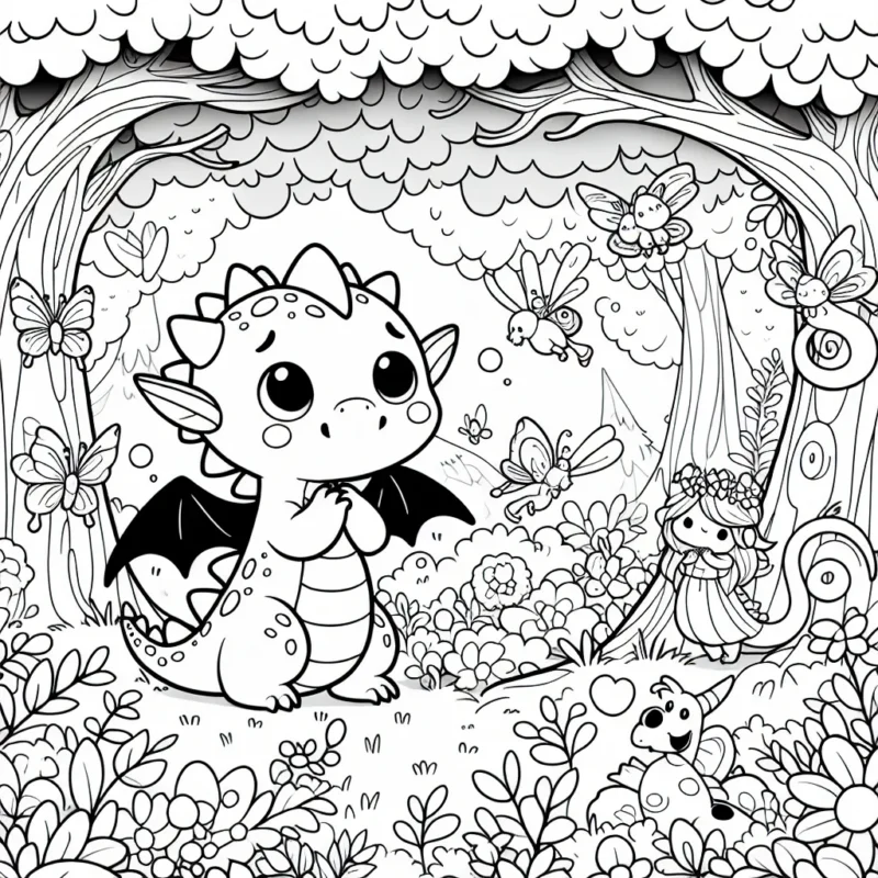 Illustration mignonne d'un petit dragon qui joue à cache-cache dans une forêt magique peuplée de fées et de créatures enchantées.