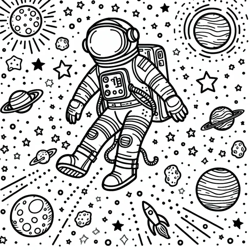 Un astronaute navigue dans l'espace, entouré de planètes, d'étoiles et de comètes.