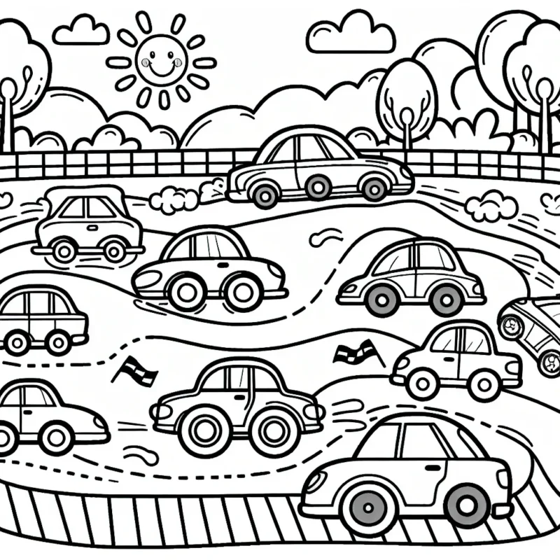 Dessine une grande course d'automobiles avec des voitures de toutes les couleurs et formes. N'oublie pas d'ajouter le public qui encourage les conducteurs, des arbres autour de la piste et un soleil souriant dans le ciel.