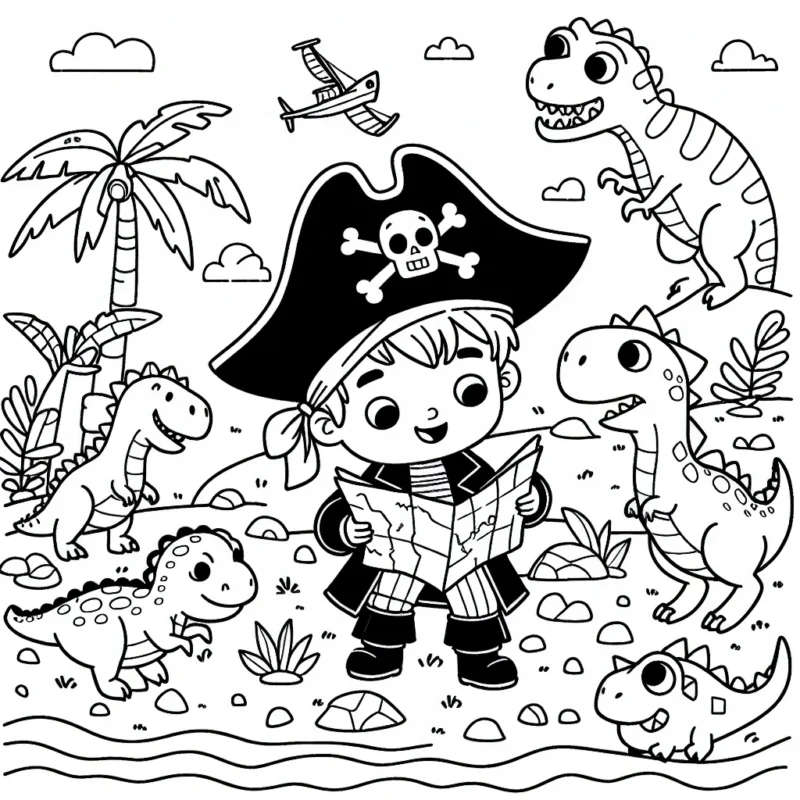 Un jeune pirate avec une carte au trésor sur une île peuplée de dinosaures
