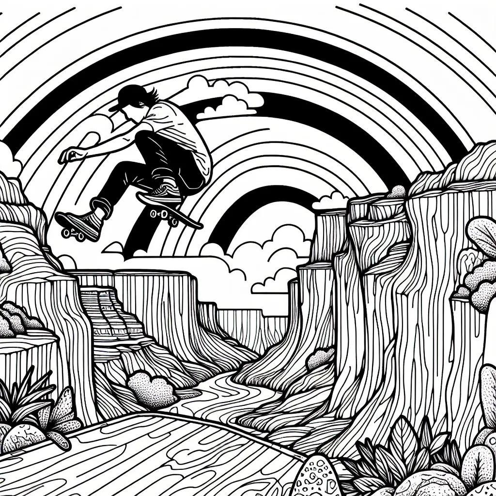 Un saut périlleux en skateboard au-dessus d'un canyon rocheux avec un arc-en-ciel en arrière-plan