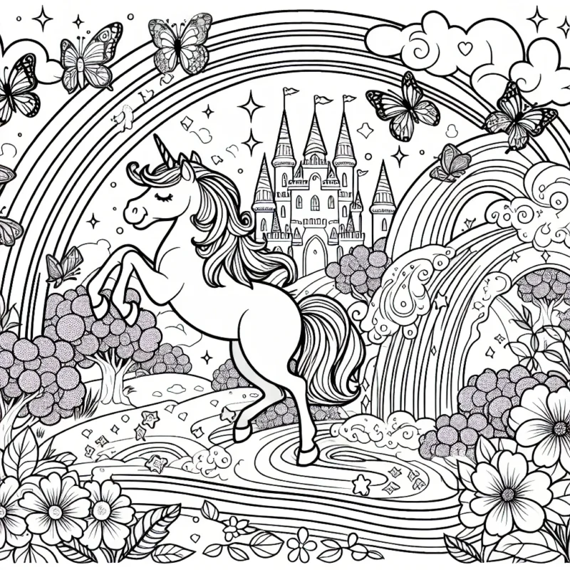 Un magnifique paysage féerique composé de licornes sautant parmi les arcs-en-ciel, un château de princesse au loin, des papillons colorés dans le ciel, des fleurs qui sourient et une cascade de paillettes.