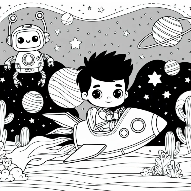 Un petit garçon brave et courageux dirige son vaisseau spatial à travers la galaxie, avec à ses côtés, son fidèle robot assistant. Décors de l'espace, étoiles et planètes étranges sont au rendez-vous.