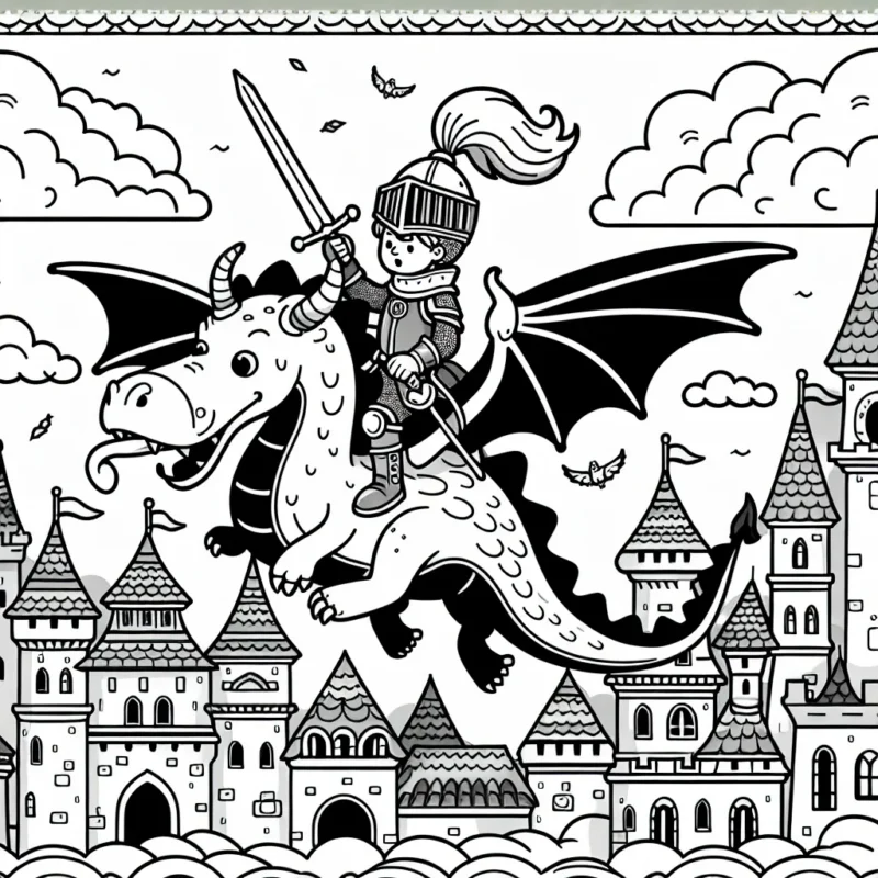 Un jeune chevalier courageux chevauchant un dragon féerique au-dessus d'un château médiéval effervescent d'activité.