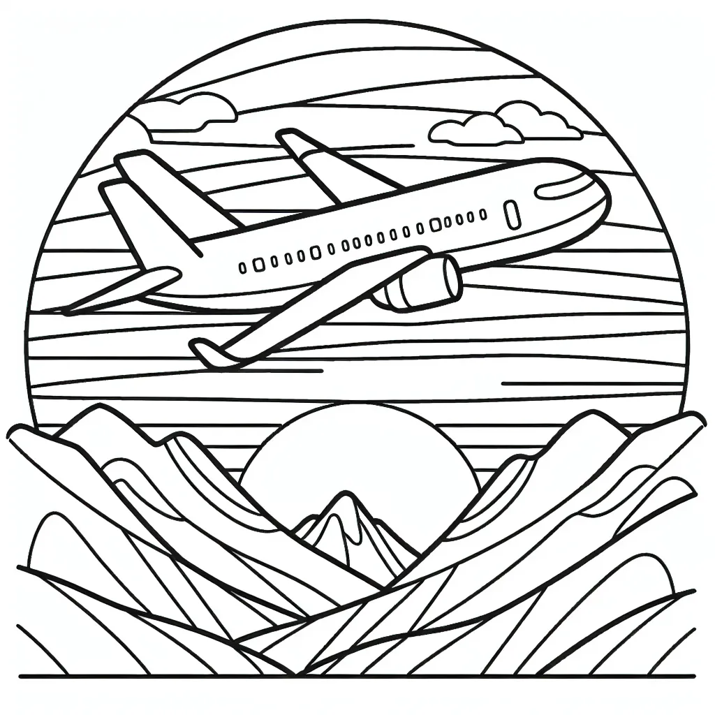 Dessine un avion de ligne au-dessus des montagnes avec le soleil couchant en arrière-plan