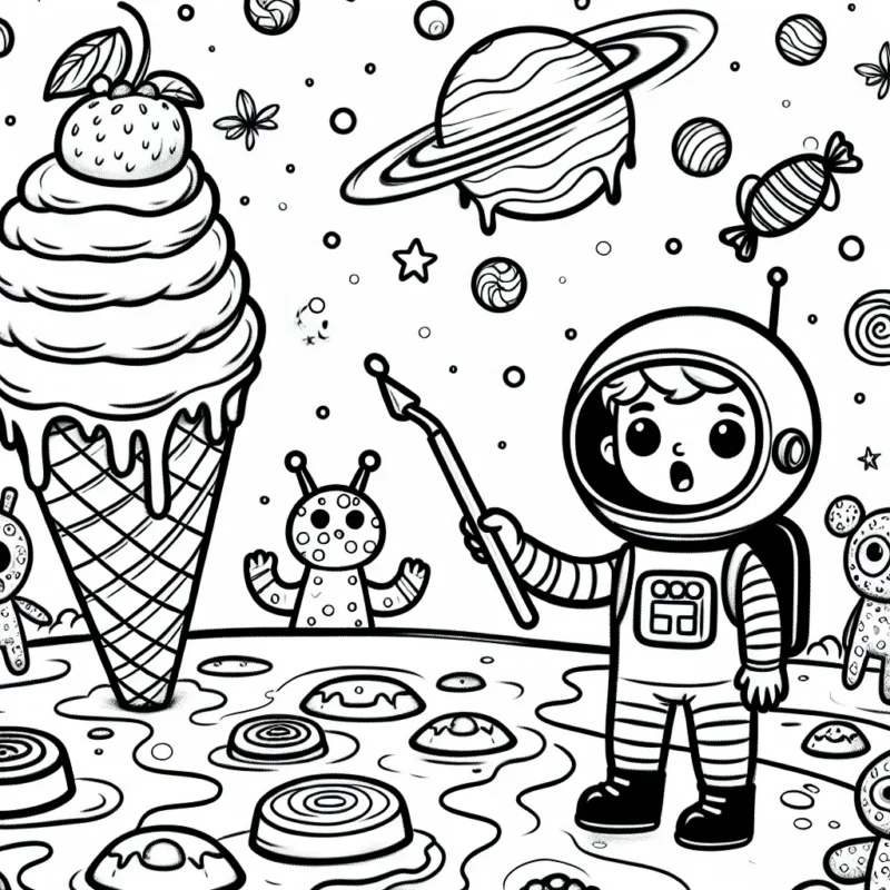 Un jeune astronaute s'aventure sur une planète complètement couverte de crème glacée et rencontre des extraterrestres faits de bonbons et chocolat