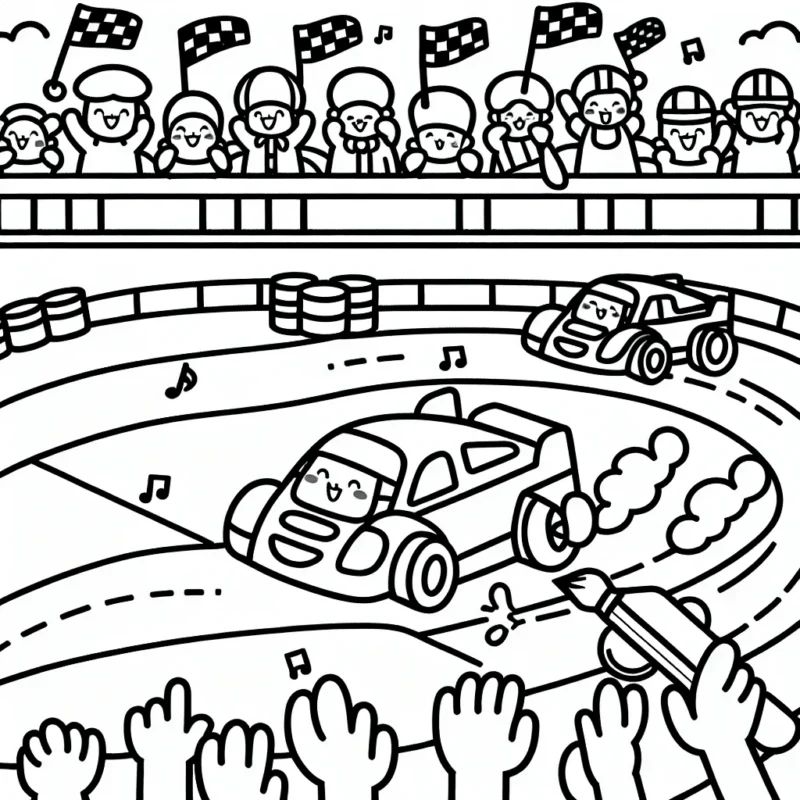 Dessinez et coloriez une scène joyeuse de voitures de course sur une piste animée avec des applaudissements du public en arrière-plan