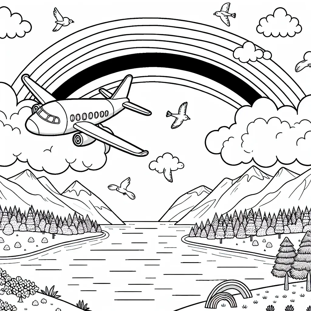 Concevez un dessin comportant un avion qui vole haut dans le ciel, entouré de nuages moelleux et un arc-en-ciel. Incluez également des oiseaux qui volent à côté de l'avion et un paysage pittoresque en dessous avec des montagnes, des arbres et un lac scintillant.