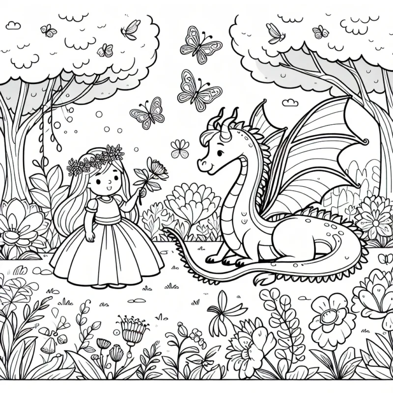Petite princesse qui joue avec son ami le dragon dans un jardin enchanté rempli de fleurs et de papillons colorés.