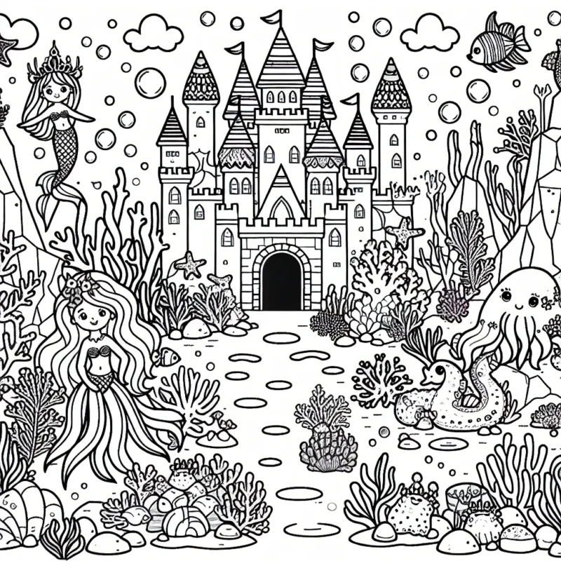 Un royaume sous-marin mystique avec un château de corail coloré, des sirènes, des animaux marins et des trésors cachés