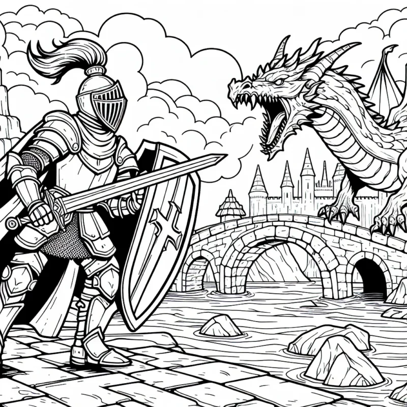 Dessine un brave chevalier avec son étincelant bouclier et sa forte épée, combattant un dragon crachant du feu sur un pont en pierre ancien devant un grand château.