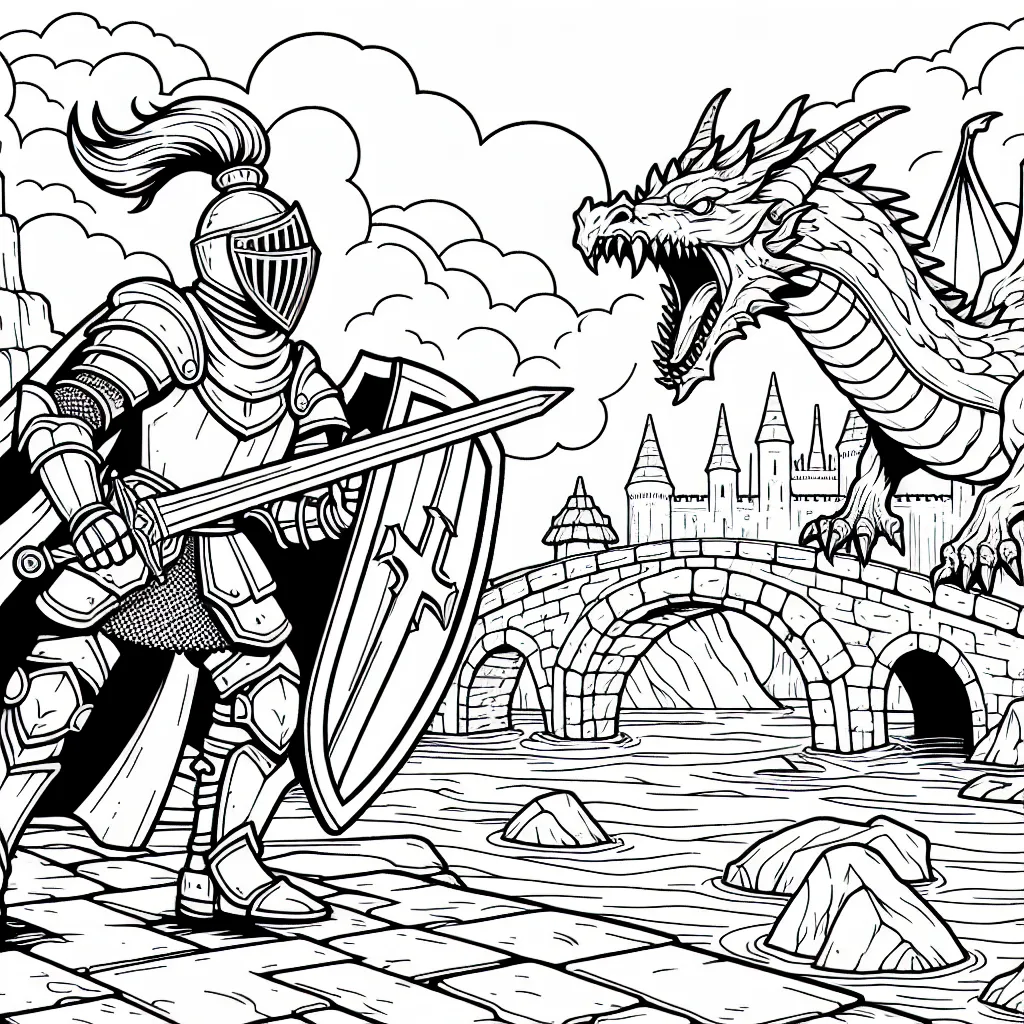 Dessine un brave chevalier avec son étincelant bouclier et sa forte épée, combattant un dragon crachant du feu sur un pont en pierre ancien devant un grand château.