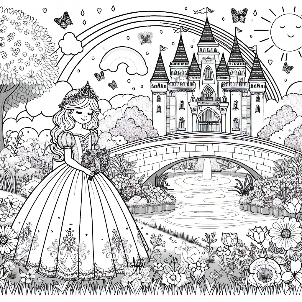 Sur une belle journée ensoleillée, aux couleurs vives, dessine une jeune princesse sereine dans une robe resplendissante se tenant debout sur le pont d’un château féerique. Le château est entouré d'un jardin magnifique plein de fleurs différentes, d’oiseaux, de papillons et d’une fontaine étincelante. Dans le ciel, imagine un grand arc-en-ciel. N'oublie pas de dessiner le prince charmant qui arrive à cheval pour retrouver sa princesse.