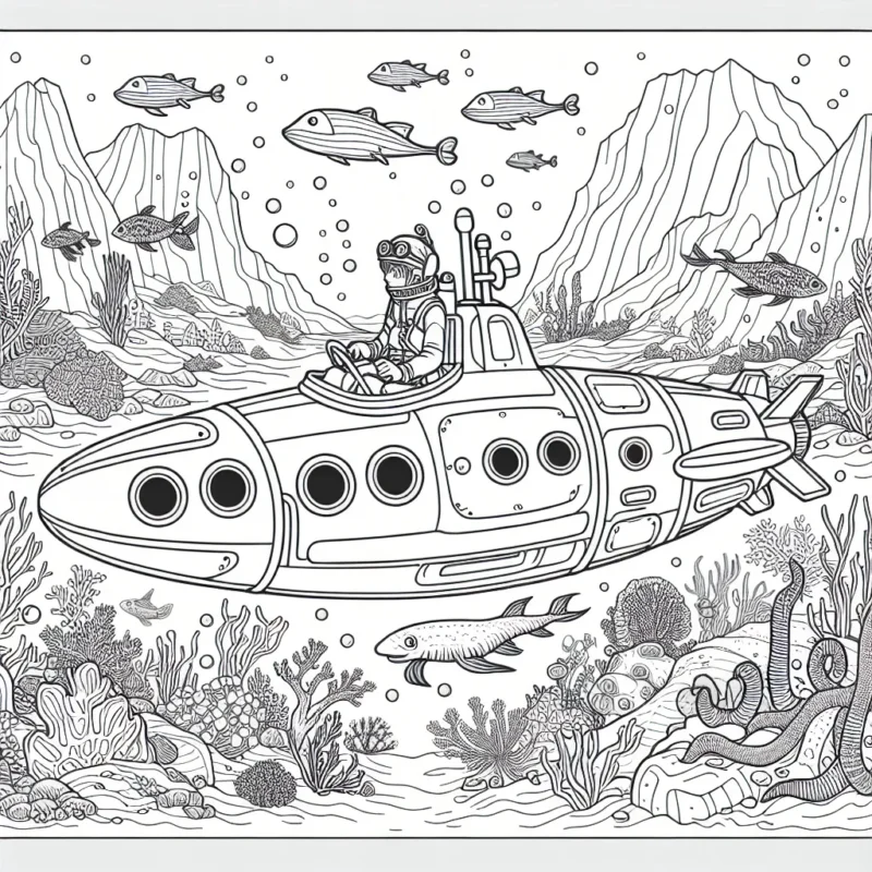 Navigue en mer profonde avec ce dessin vibrant aux détails raffinés, présentant un jeune explorateur naviguant dans un sous-marin personnalisé, traversant un paysage sous-marin foisonnant d'une variété de créatures marines exotiques pour colorier.